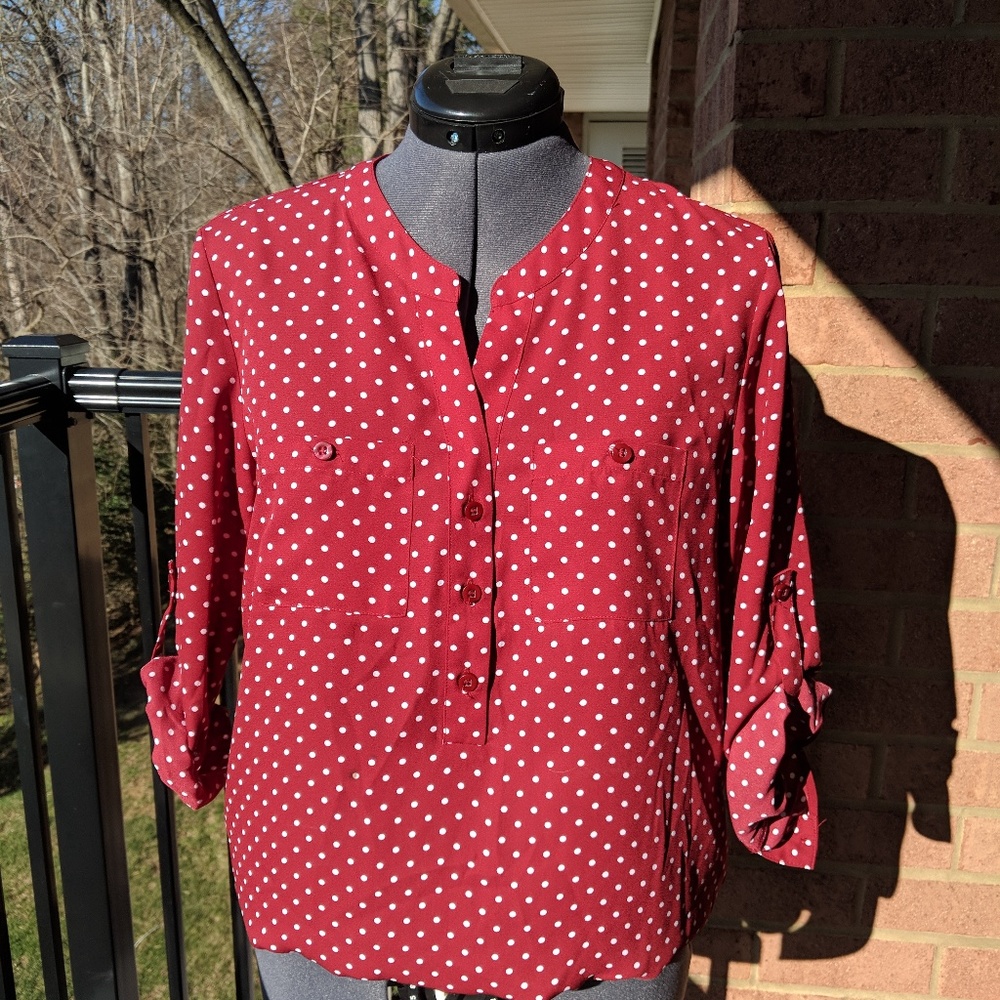 New York & Company Red and White Polka Dot Blouse